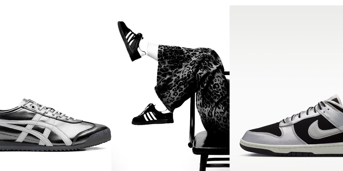 Three fashion shoe product shots arranged across a white background: a black, white, and gray Asics sneaker on the left, a person seated on a chair wearing black Adidas sneakers with a leopard-print skirt in the center, and a black and white Nike sneaker on the right.