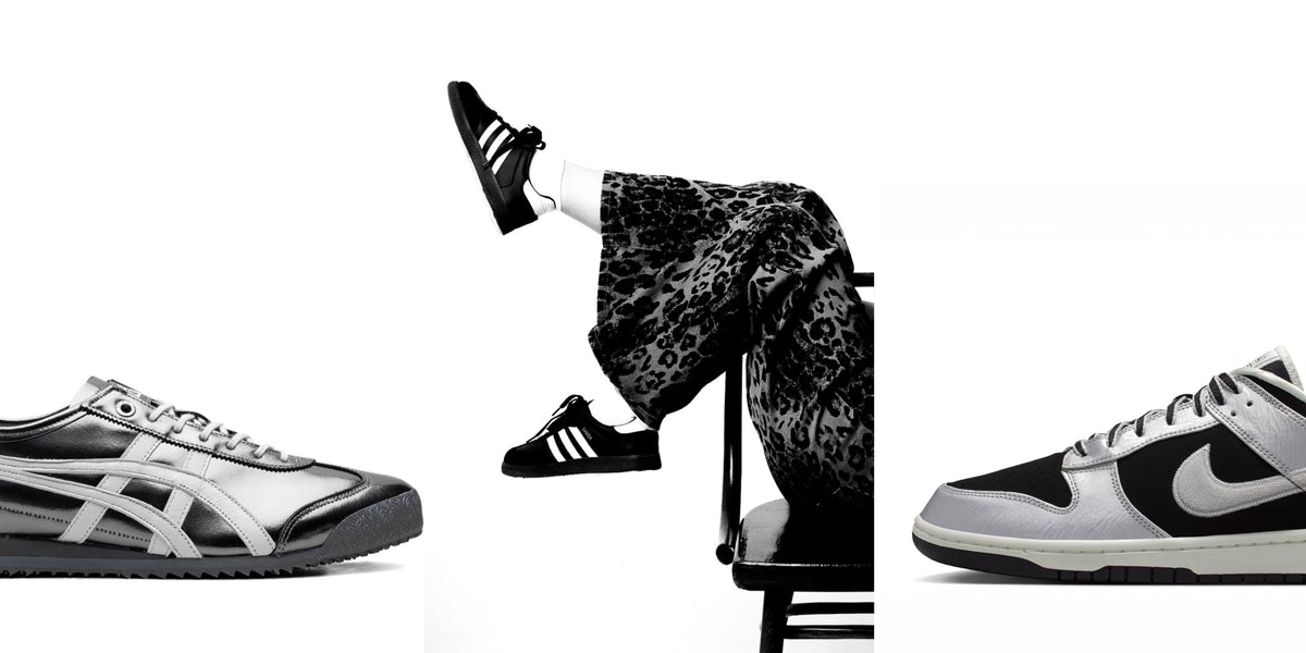 Three sneaker collaborations shown in a triptych: Onitsuka Tiger x Adidas, Onitsuka Tiger x Nike, and Onitsuka Tiger x Nike Dunk Low. The left and right panels show the side-by-side shoe designs, while the center panel shows a person's legs crossed over a chair wearing the sneakers with a leopard-print skirt.